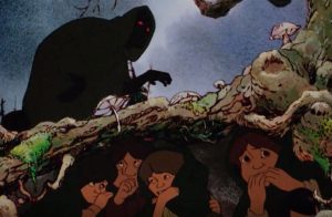 In an article about animator Ralph Bakshi three hobbits from 'Lord of the Rings' hide from a Nazgûl.