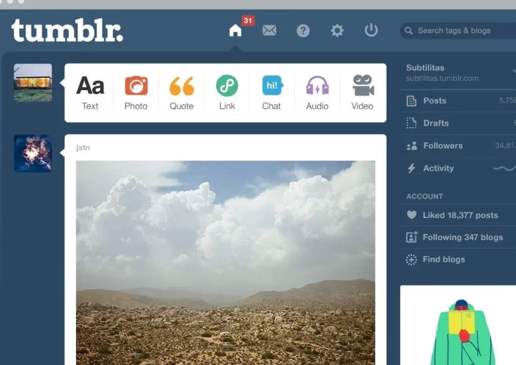 A screenshot of the Tumblr dashboard.