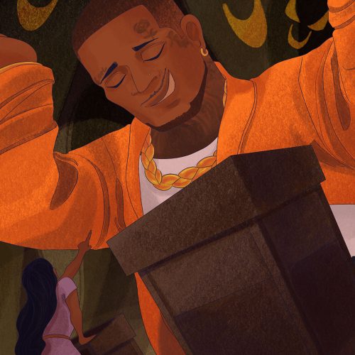 In an article about Megan Thee Stallion and Tory Lanez, an illustration of a man at a witness stand towering over a woman standing below.