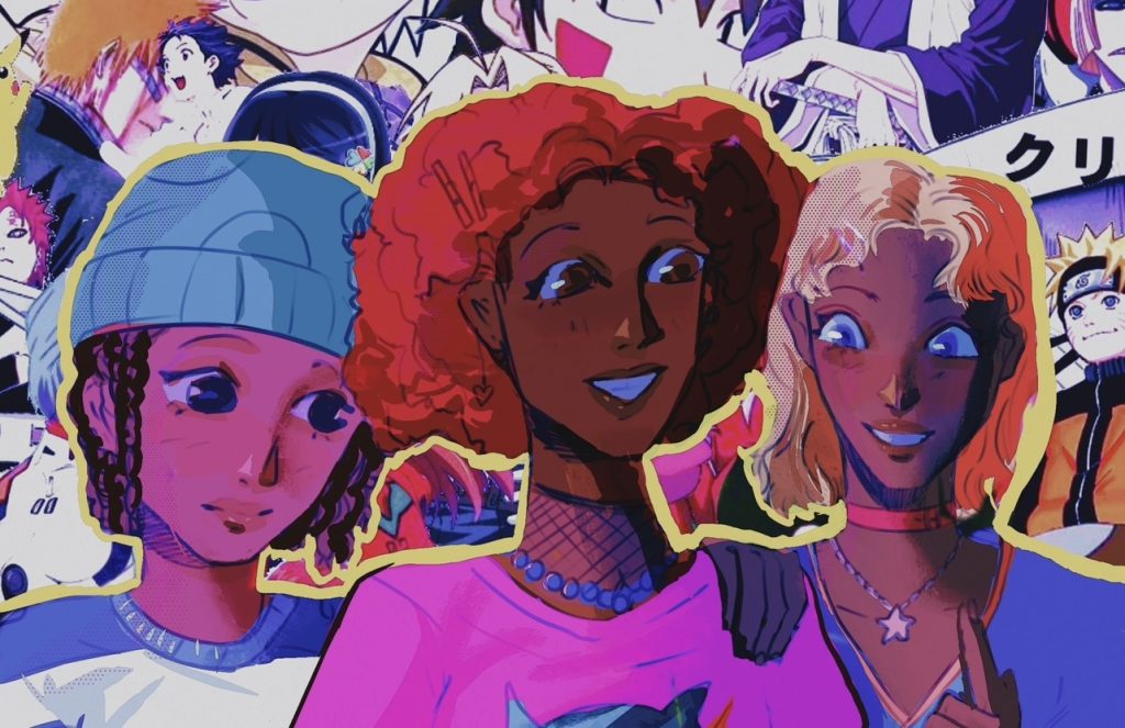 In an article about Black anime fans, an illustration of three different Black characters drawn in anime style.