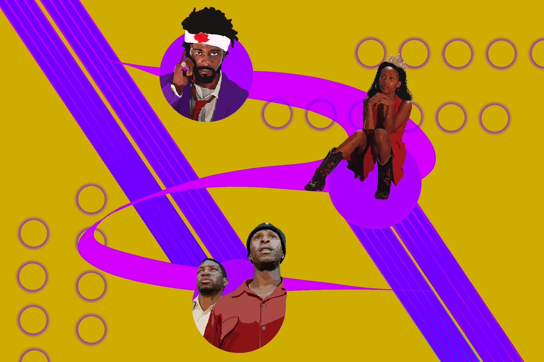 In an article about recent Black-led films, artistic renditions of images from three such films.
