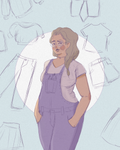 A picture of a plus sized person holding her hands in her pockets against the backdrop of clothing items.