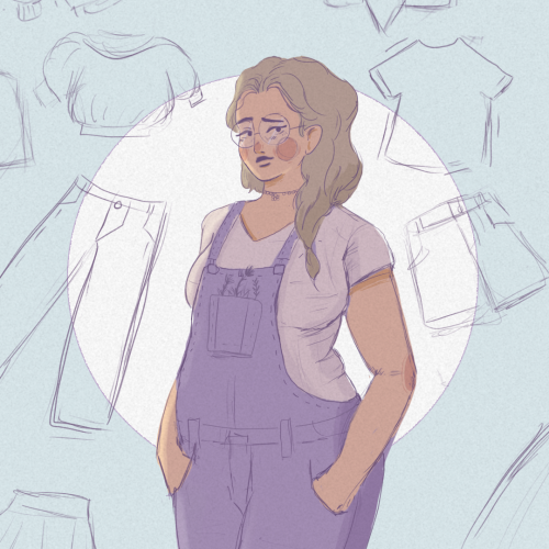 A picture of a plus sized person holding her hands in her pockets against the backdrop of clothing items.