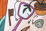 An illustration of personal items like a mirror and brush arranged to fit the messy minimalism aesthetic.
