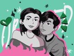 In an article about the Spotify orginal podcast "Obsessed," cartoon versions of comedians Benito Skinner and Mary Beth Barone pose together against a green background.