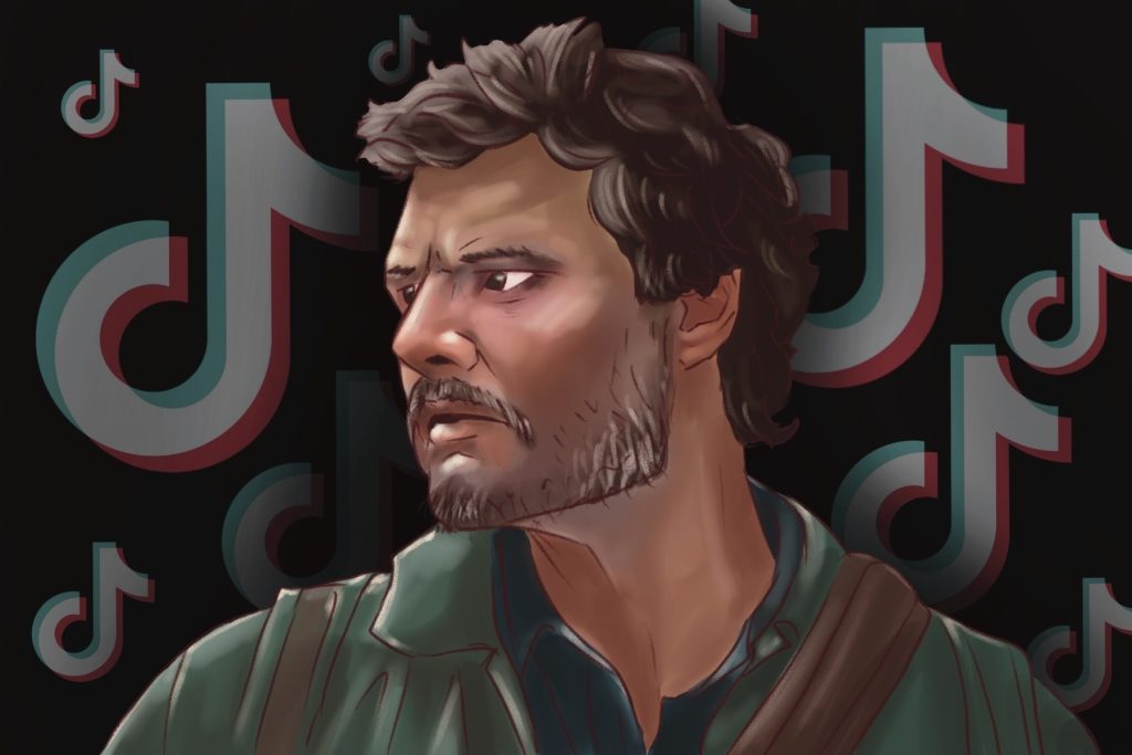 In an article on Pedro Pascal, an illustration of the actor's side profile with a determined look against a black background with TikTok logos.