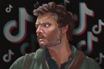 In an article on Pedro Pascal, an illustration of the actor's side profile with a determined look against a black background with TikTok logos.