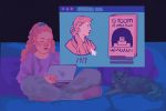 A young girl sits cross legged on a couch, with a cat sitting next to her. She is looking at a computer held in her lap, which displays a blue web page with a stylized image of Virginia Woolf alongside the author's book "A Room of One's Own."