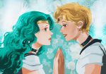 Two anime-style illustrated magical girls gaze lovingly into each other's eyes, touching hands.