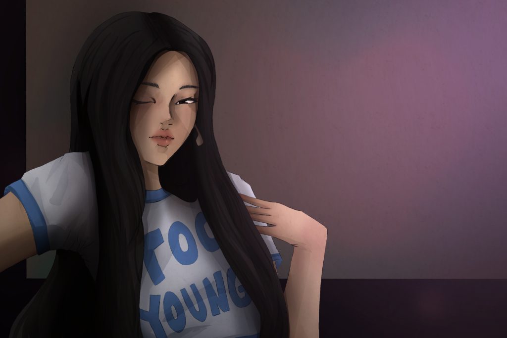 In an article about minors in K-Pop groups, a Korean woman wears a shirt bearing the words 'too young'.