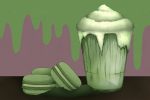 In an article about matcha, a green latte is sat next to three green macaroons.