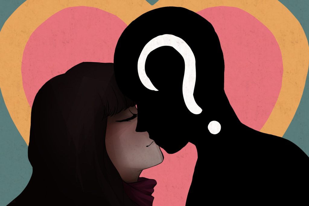 In an article about soft launching your significant other on social media, a woman kisses a genderless human outline with a question mark in it.