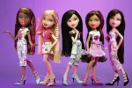 In an article about Bratz dolls, the girls show off their outfits in front of a purple background.