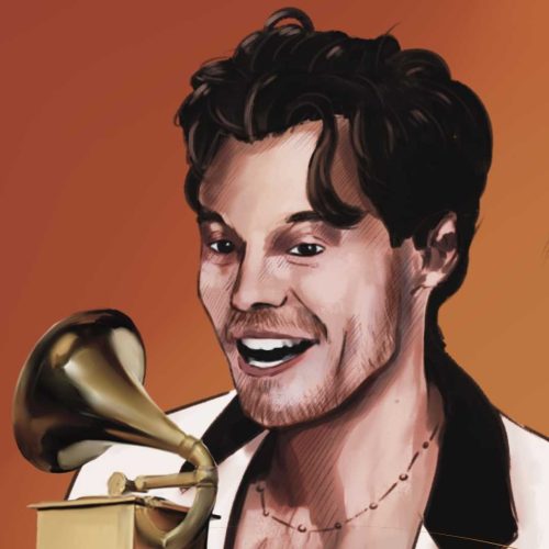 An illustration of singer Harry Styles holding a Grammy for Album of the year.
