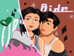 In an article on the new podcast "Ride" is graphic of Benito Skinner and Mary Beth Barone posing together against a split background: one side is green for their old podcast and the other is brown for their new podcast.