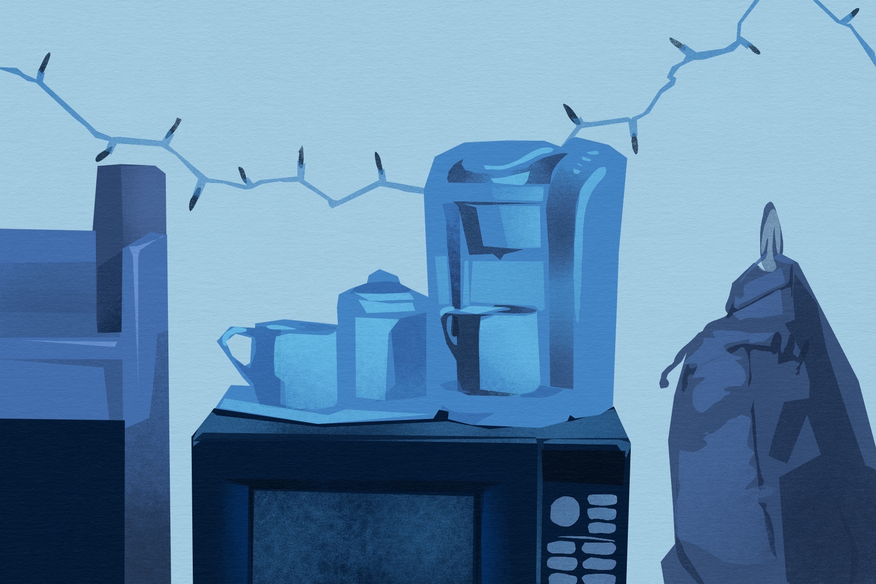 In an article about different methods of brewing coffee at home, a drawing of some different kinds of coffee machines.