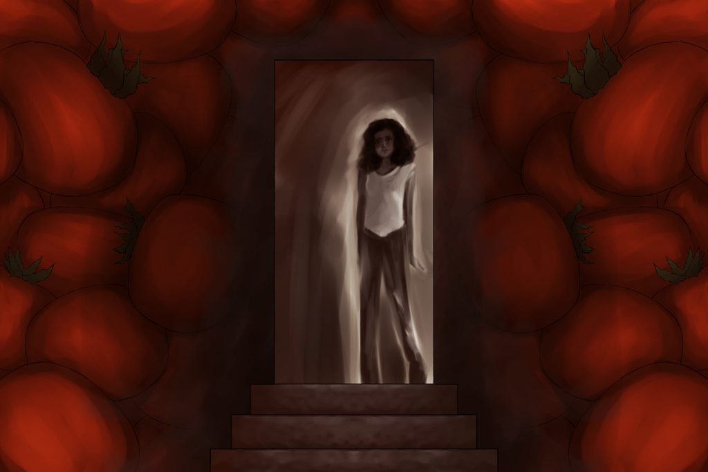 An illustration of a woman standing at the door of a dark basement with walls covered in red.