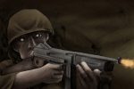 A graphic of a soldier firing a weapon.