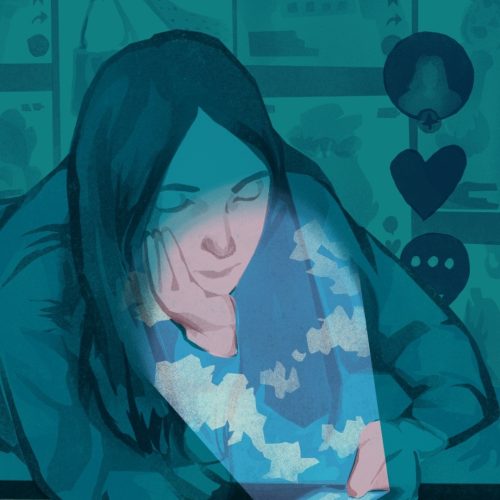 In an article about corecore, a girl looks at her phone screen as her FYP is displayed behind her.