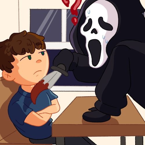 In an article about horror movies, a 'Scream' figure brandishes a bloody knife at a bored person sitting at a table.