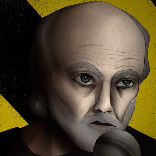 In an article about George Carlin, the comedian speaks into a microphone while looking cynically into the distance.