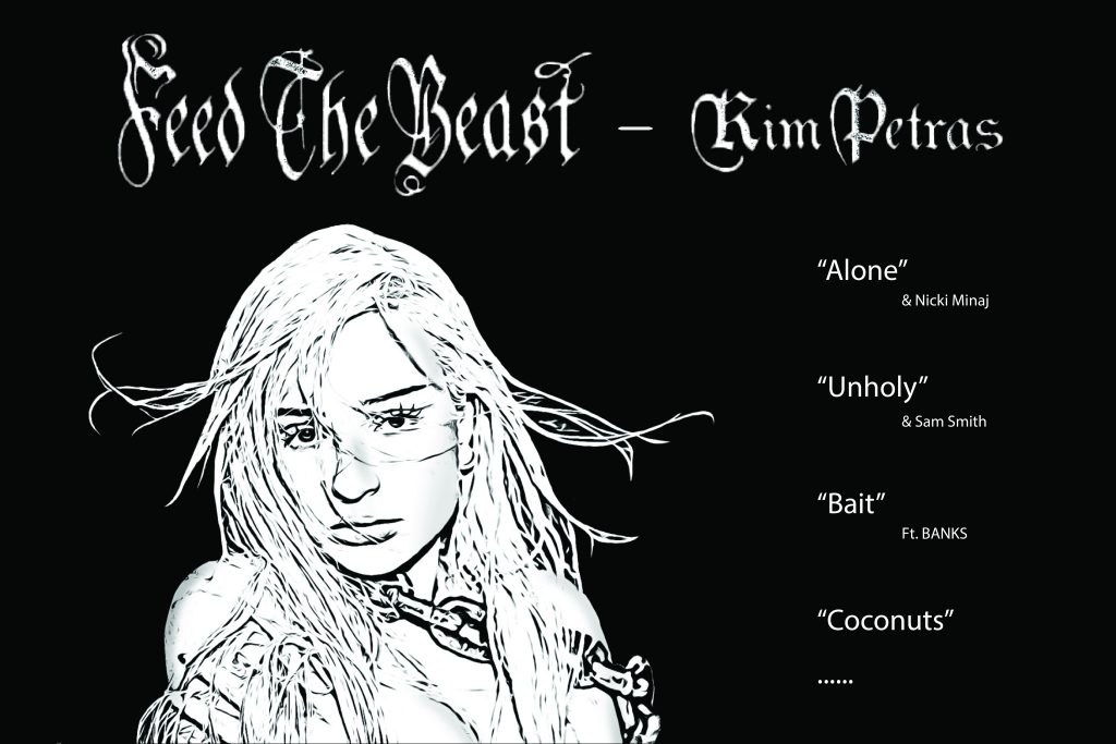 In an article about Kim Petras' new album, a black-and-white sketch f Petras alongside a brief list of the album's most popular titles.