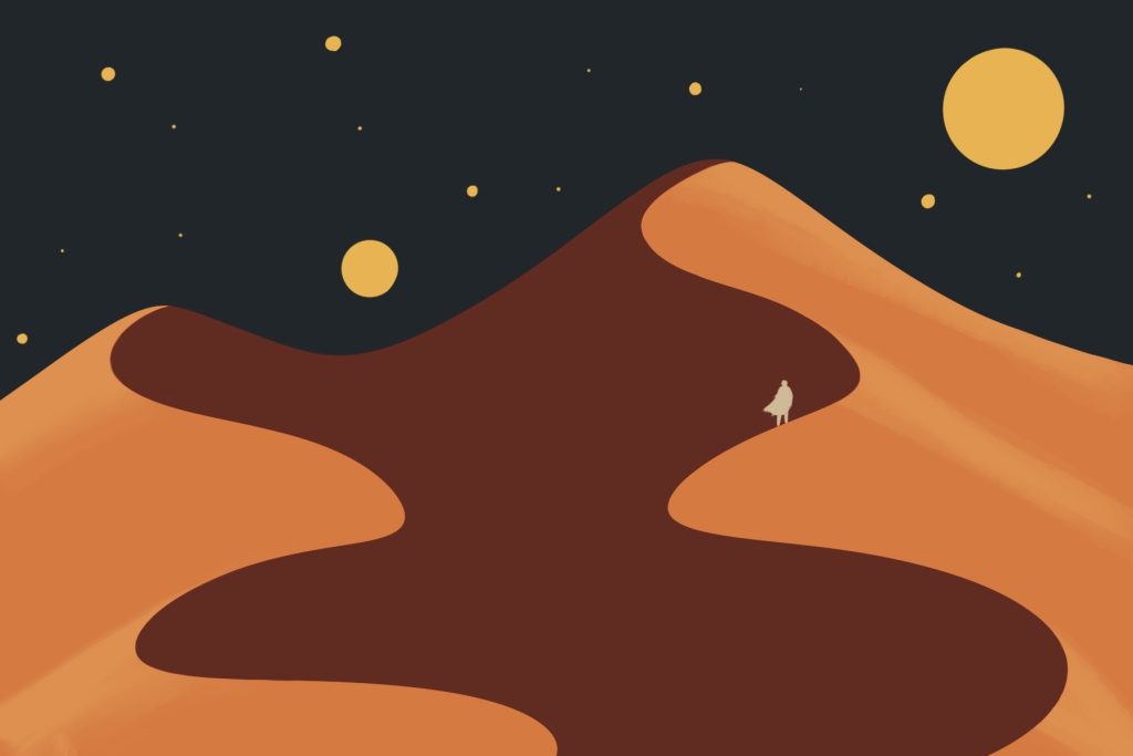 In an article about David Lynch's 'Dune,' a lovely white silhouette traverses a midnight desert landscape.