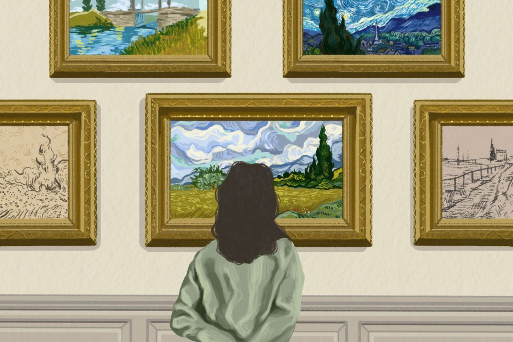 In an article about Van Gogh's signature cypress motif, a woman gazes at a museum wall lined with Van Gogh's masterpieces.