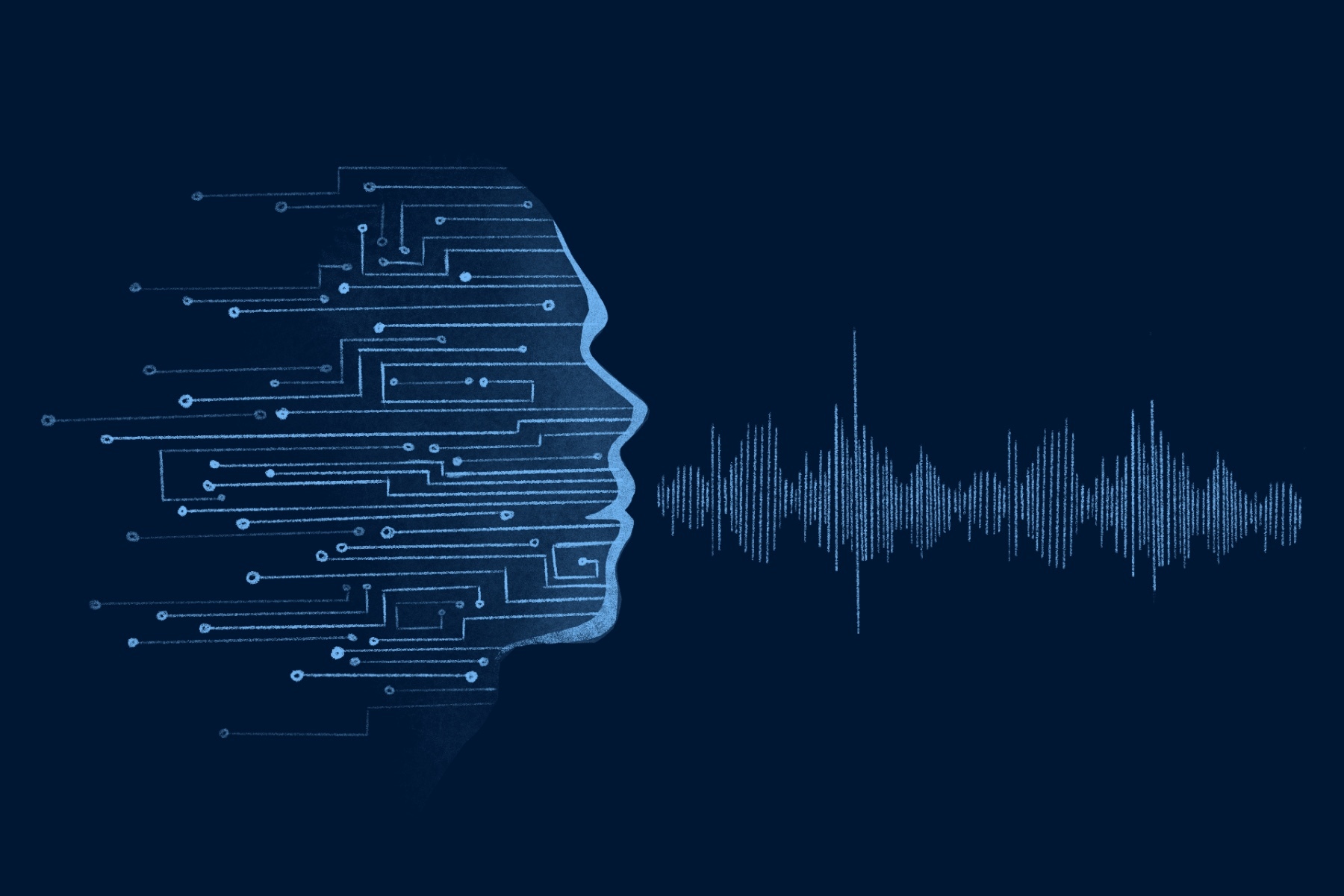 In an article about DALL-E 2, an advanced AI, circuits make up a silhouette of a human head emitting blue sound waves.