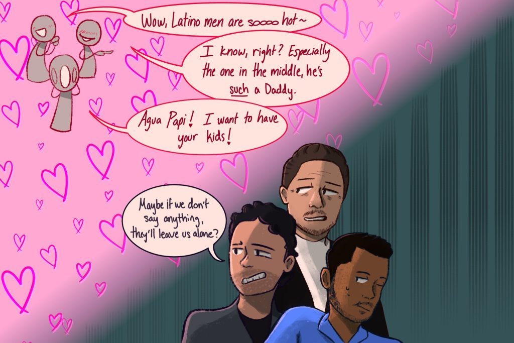 In an article about the 'Latin Lover' stereotype, a trio of Latino actors glance warily over their shoulders at anonymous fans shouting sexual innuendos at them.