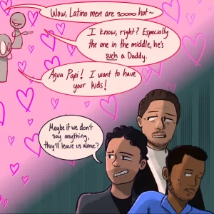 In an article about the 'Latin Lover' stereotype, a trio of Latino actors glance warily over their shoulders at anonymous fans shouting sexual innuendos at them.