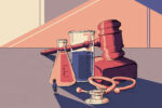 In an article about being a creative writing major, a miniaturized writer stares up at colossal gavels, test tubes and stethoscopes that loom over her.