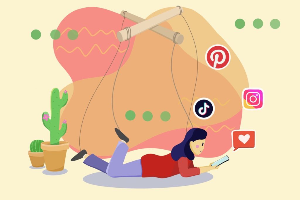 In an article about acting unserious on social media, a girl lies on her stomach while scrolling through her phone, attached to marionette strings.