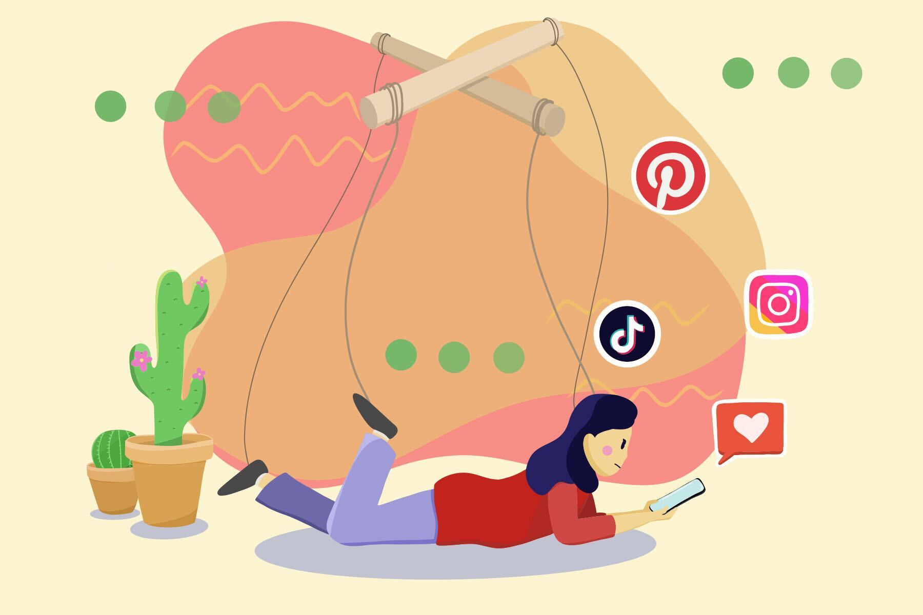 In an article about acting unserious on social media, a girl lies on her stomach while scrolling through her phone, attached to marionette strings.