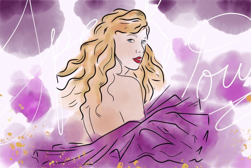 In an article about 'Speak Now (Taylor's Version),' Swift, clad in a frilly purple dress, gazes at the viewer over her shoulder as her curly hair ripples against a background of purple splotches and the album title in cursive letters.