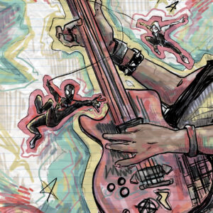 In an article about the film score for "Spider-Man: Into the Spiderverse," a man plays a guitar as Spider-man leaps across a colorful and cloudy atmosphere.