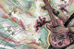 In an article about the film score for "Spider-Man: Into the Spiderverse," a man plays a guitar as Spider-man leaps across a colorful and cloudy atmosphere.