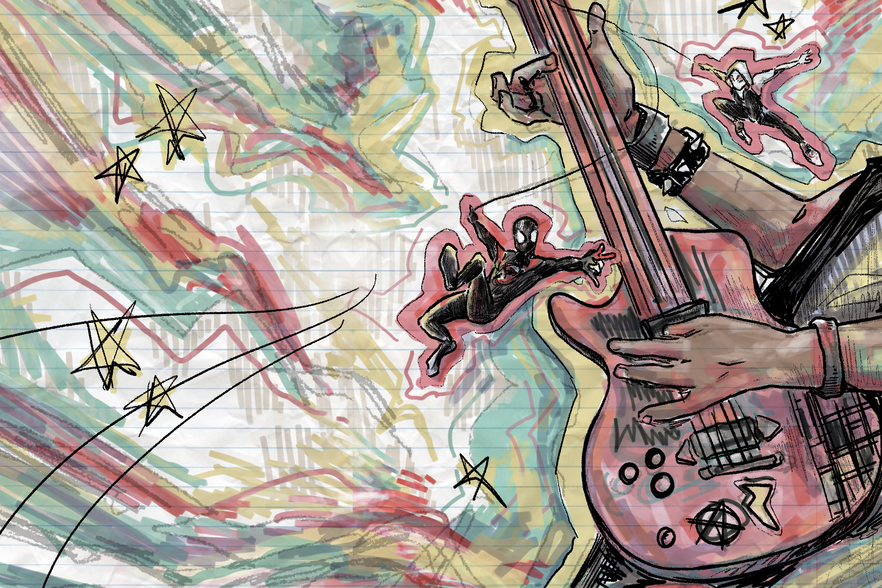 In an article about the film score for "Spider-Man: Into the Spiderverse," a man plays a guitar as Spider-man leaps across a colorful and cloudy atmosphere.