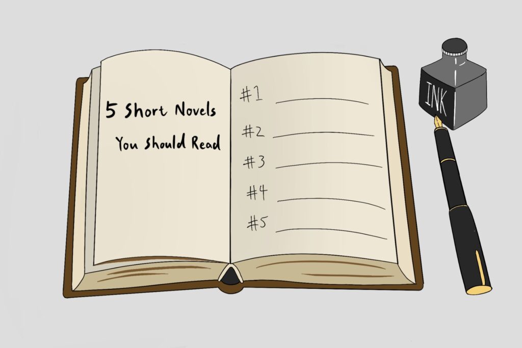 In an article about short novels, an open leather-bound book flanked by a pen and inkwell falls open to reveal a blank numbered list entitled "5 Short Novels You Should Read."