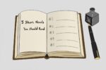 In an article about short novels, an open leather-bound book flanked by a pen and inkwell falls open to reveal a blank numbered list entitled "5 Short Novels You Should Read."