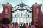 In an article about Harvard, college students of primarily BIPOC identities stand outside the campus gates.