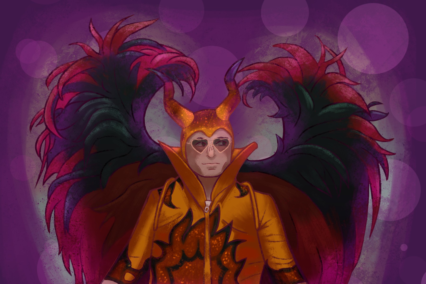 In an article about "Rocketman" (2019), John Elton wears a gold jumpsuit, gold devil horns, and pink angel wings.