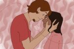 In an article about unpredictable romance movies, a couple touches foreheads and gazes into each other's eyes as a red heart loops between them.