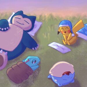 In an article about Pokémon Sleep, Snorlax naps in a luscious clearing while Pikachu and more friends gather in camaraderie.