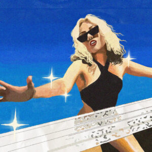 In an article about 'Endless Summer Vacation,' Miley Cyrus stands in a black bathing suit. She has blond short hair and wears black sunglasses. Against a blue background, a glimmer of sparkly white goes across the photo.