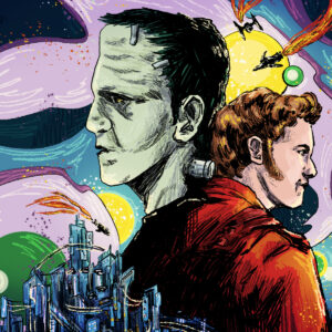 In an article about sci-fi, Frankenstein's monster stands back-to-back with Peter Quill from Guardians of the Galaxy in front of a colorful background.