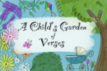 In an article about poet Robert Louis Stevenson, illustrations of a baby cradle, flowers, greenery and kites surround the text "A Child's Garden of Verses."