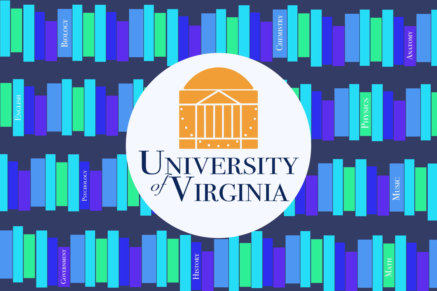 In an article about easy UVA classes, the University of Virginia logo is emblazoned against a vast shelf of blue and green books.