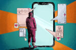 In an article about screen time and cell phone addiction, a person stands and stares blankly at a giant cellphone as notifications appear on screen.