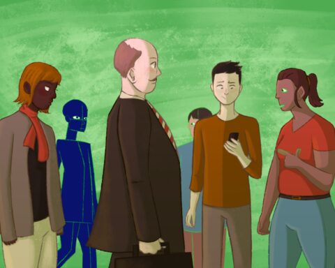 In an article about the future of AI in Hollyowod, a group of people walk around as one blue-toned, computer-constructed figure walks among them in front of a lime green background.
